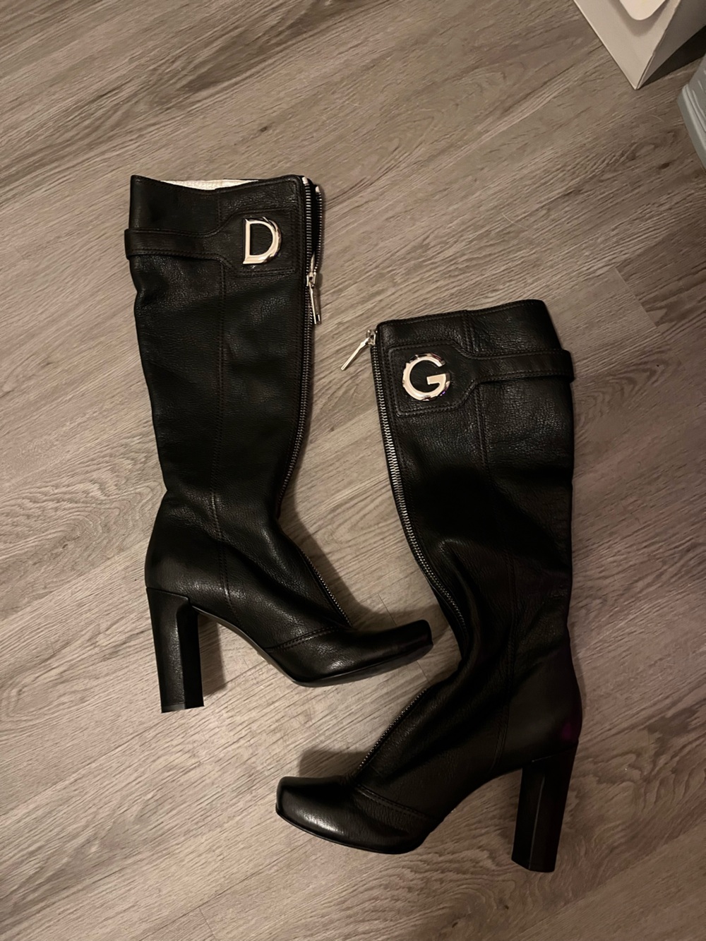 Dolce & Gabbana Black Leather Knee-High Heeled Boots with Silver G/D Logos
